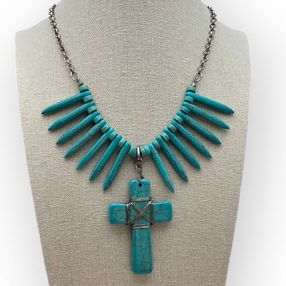Turquoise Spike Bead & Cross Pendant Necklace – Southwestern Boho Chic Statement - Picture 2 of 9